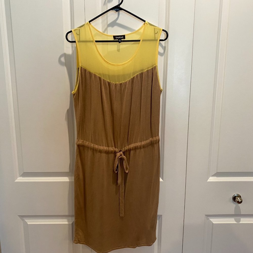 Bebe Tan and Yellow Dress w Tie Waist Size Medium - Picture 2 of 8